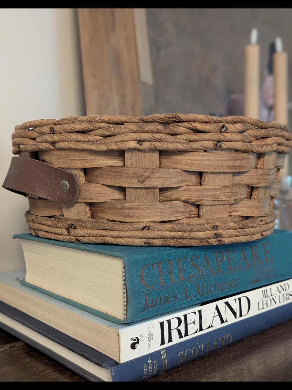 Pyrex Woven Wicker Casserole Basket Holder Leather Handles #024 624 684 Vintage